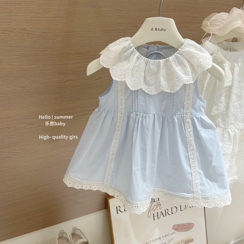 [Lenbaby] verano 2025 niñas vestido de muñeca de cuello de encaje azul vestido de princesa de bebé
