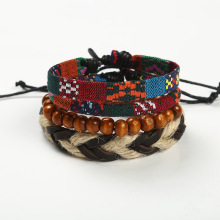 欧美跨境饰品情侣手工编织棉麻手绳男士皮革手链小众百搭可调节