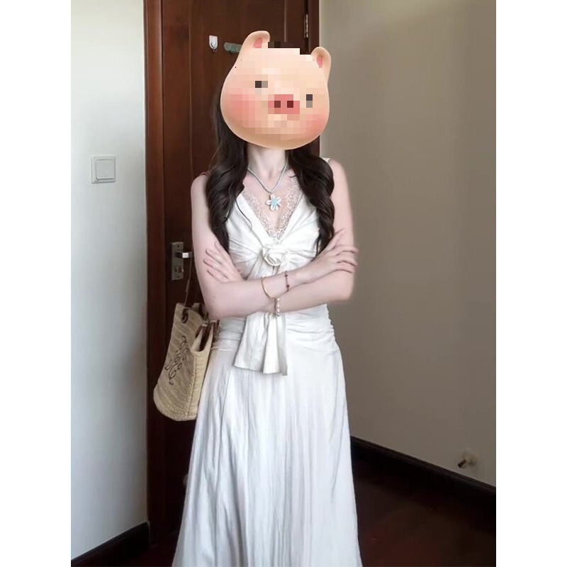 纯欲温柔V领法式无袖连衣裙女夏白色修身a字长裙设计感小众裙子|undefined