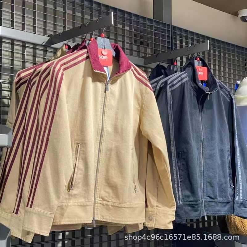 Three-Stripe Spring and Autumn New Waffle Embroidered Striped Stand-Collar Knit Jacket for Men and Women, Couple's Matching Retro Jacket Top