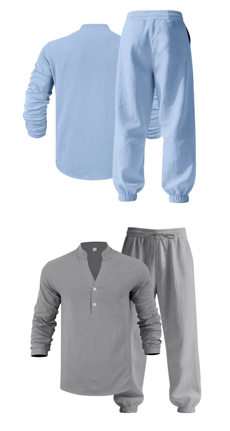 Completo uomo camicia henry e pantaloni in lino casual_voghion.com
