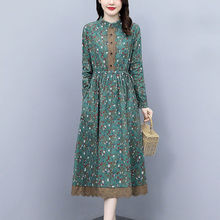 棉麻连衣裙女春秋新款时尚小碎花休闲长袖收腰中长款打底裙子