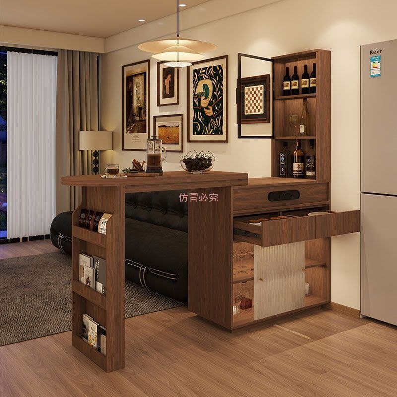 American Retro Bar Retractable Bar Table Solid Wood Partition Side Cabinet Home Living Room Small Bar Cabinet Dining Table Integrated