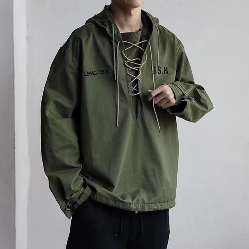 Spring and Autumn Japanese Style Workwear American Retro Short Sleeve Pure Cotton Windbreaker Coat Large Size Hooded Sweatshirt for Men