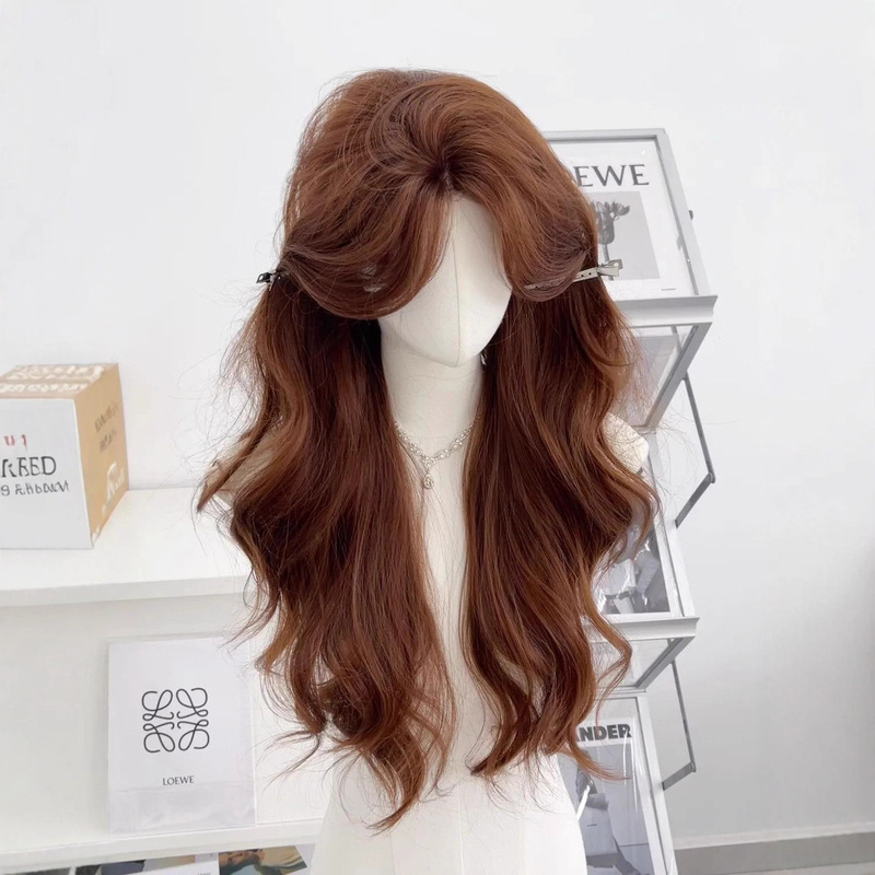 [Chloe] Wig for Women, Caramel Brown Long Curly Hair, Big Waves, Eight-Shaped Bangs, Natural Daily Full Headgear