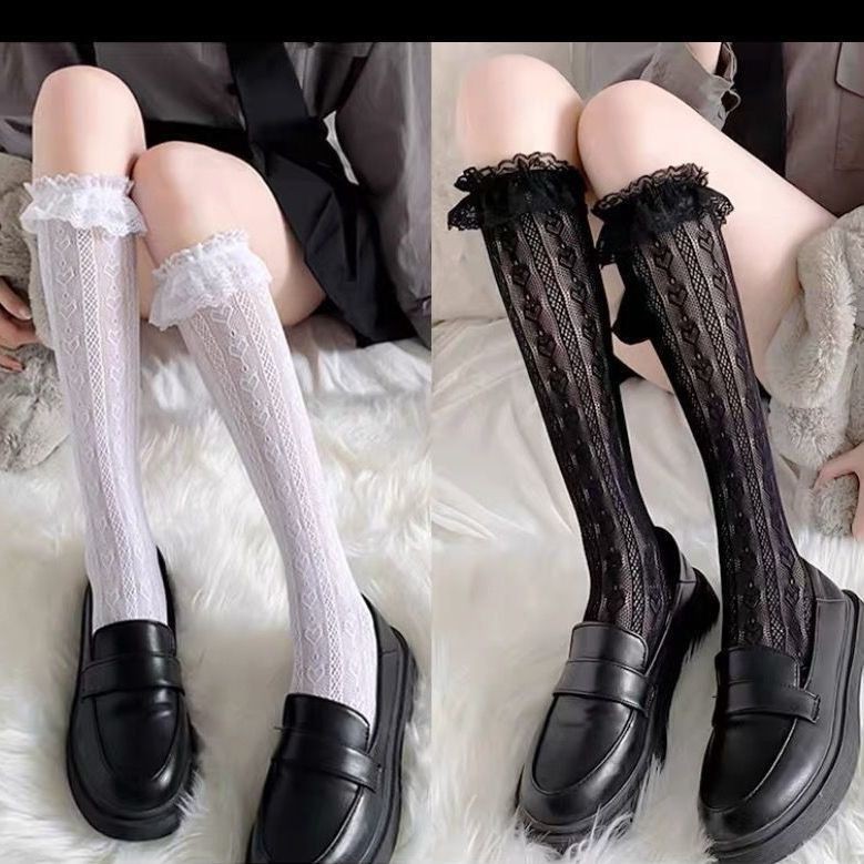 Women's long lace-trimmed stockings, thin Lolita style, white cute mid-calf socks, trendy calf socks, black fishnet.