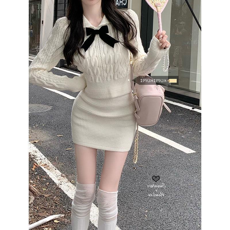 辣妹针织套装女气质短款毛衣秋冬季包臀裙半身裙子小香风两件套潮|undefined
