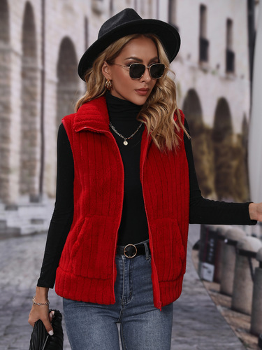 Fluffy Velvet Cross-Border European and American Style Autumn Women's Clothing Lapel Sleeveless Loose Striped Zipper Plush Casual Vest Jacket
