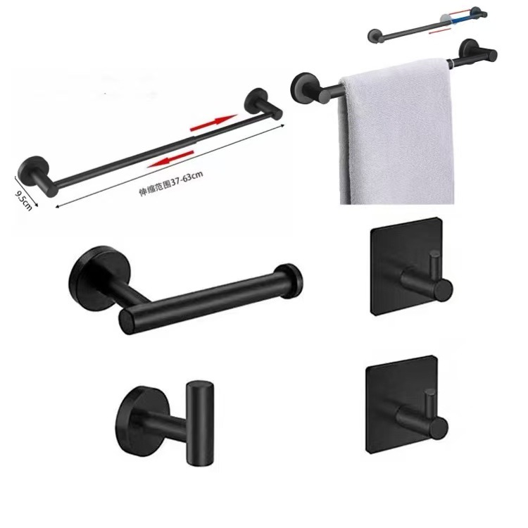 Cross-border 304 barra de toalla de acero inoxidable conjunto negro sin perforación de baño accesorios de baño gancho de toallas de baño