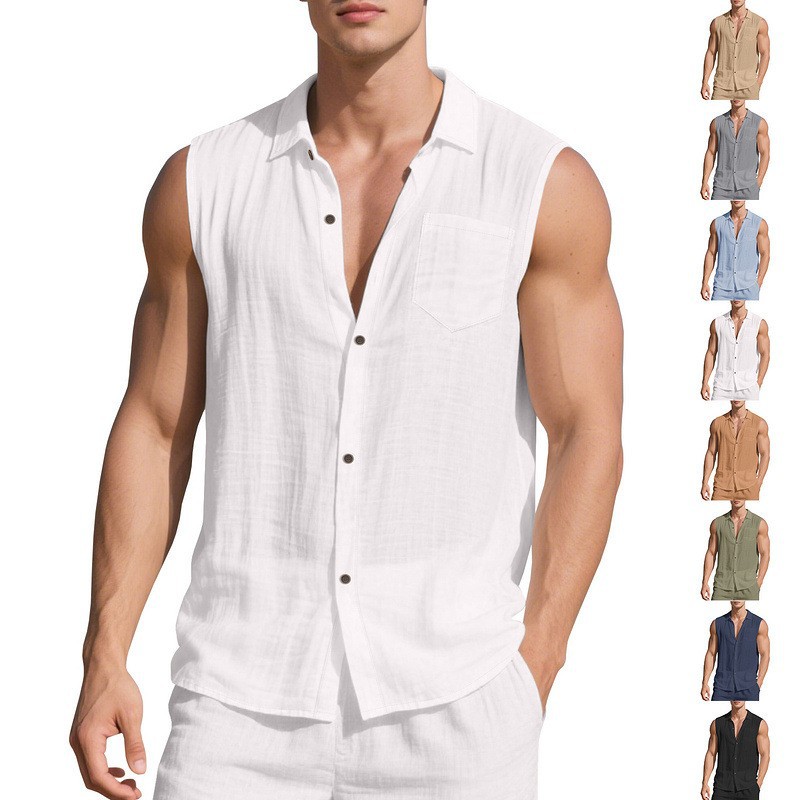 Cross-Border European and American Fashion Lapel Men's Summer New Loose Linen Simple Casual Sleeveless Cardigan Beach Shirt