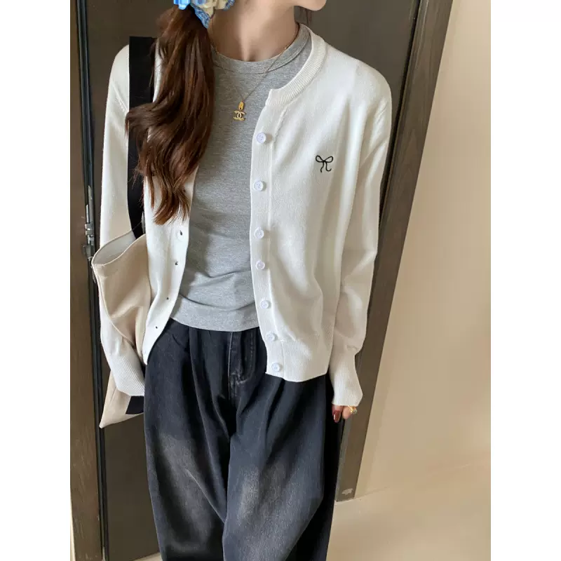 针织开衫女装外搭2024春秋新款蝴蝶结刺绣外套慵懒风毛衣冬季上衣