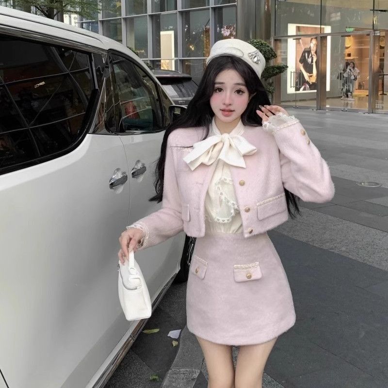 小香风粉色毛呢短外套套装女秋冬季高腰a字半身裙气质名媛两件套|undefined