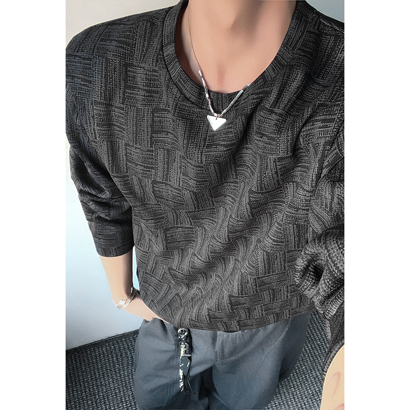Textured Plaid Heavyweight Sweatshirt For Men, Spring Trendy Brand, Stylish And Sophisticated Long-sleeve T-shirt,_voghion.com
