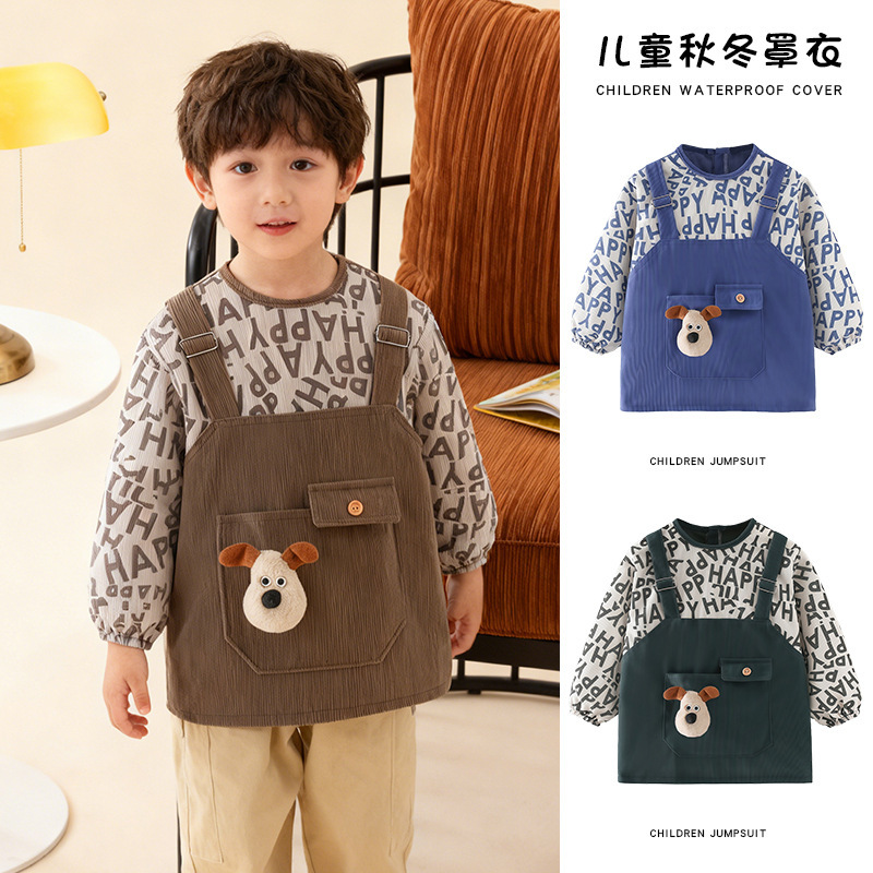 Autumn and Winter Corduroy Outer Wear, Fashionable Baby Boy's Warm Smock, Eating Apron, Waterproof and Anti-Dirty Kidsren's Reverse Dressing