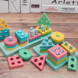 Children's wooden geometric shape matching cognitive figure macaron color four sets of column building blocks 1-3 years old educational toys