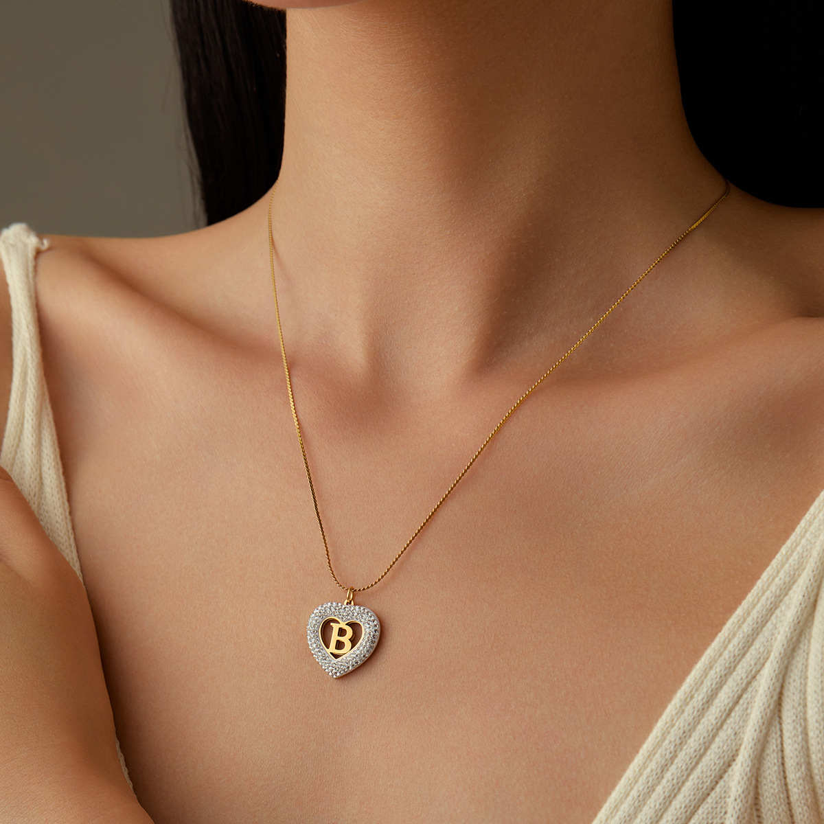 6g Weight Wholesale Jewelry Lady Heart Shape 304 Stainless Steel Zircon Plating Pendant Necklace