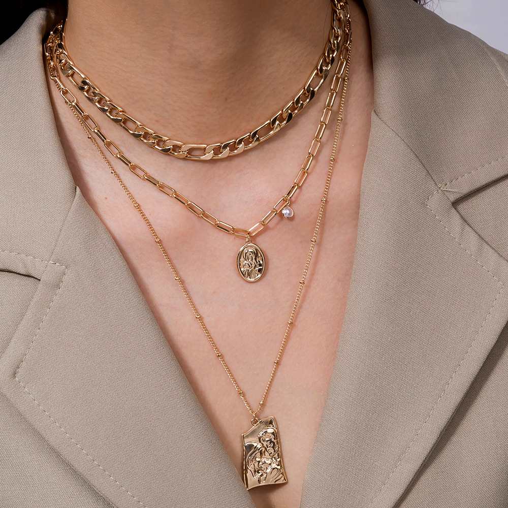 Hip-hop Cuban Chain Multi-layer Necklace With Character Tag_voghion.com
