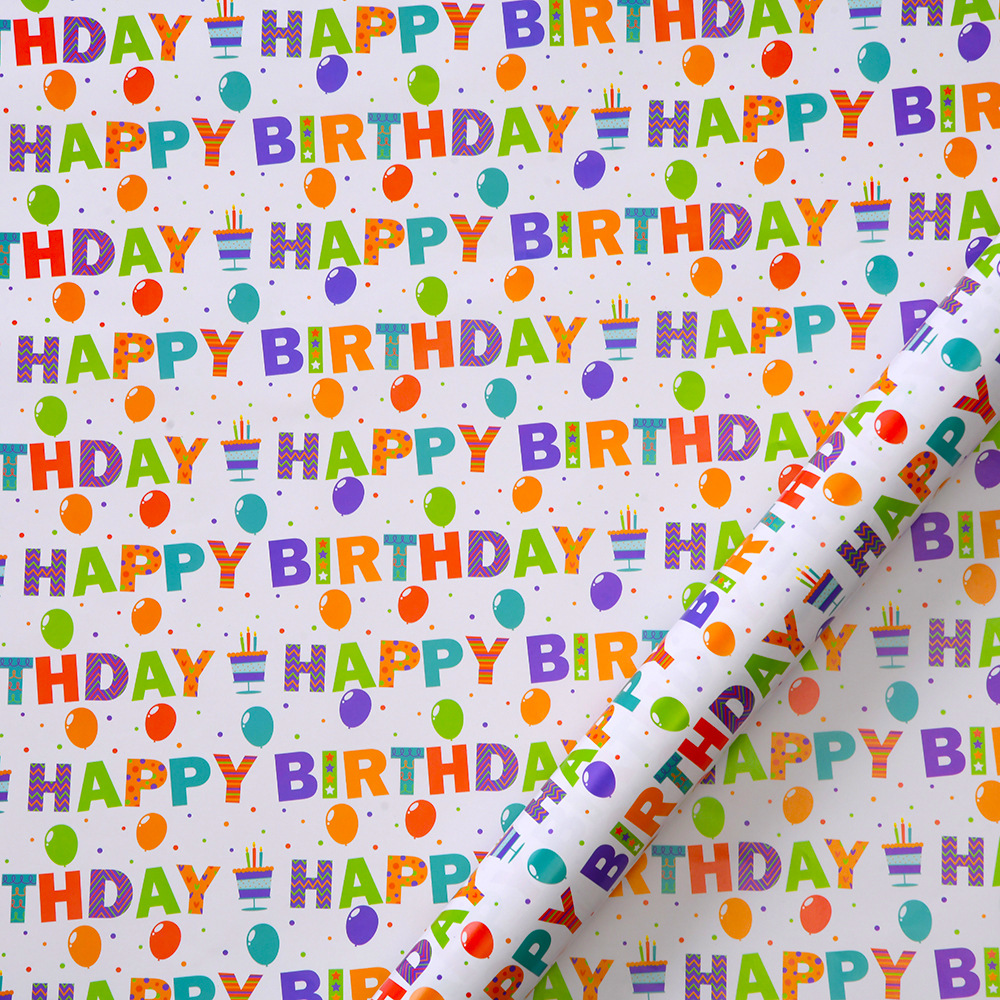 Nuevo papel recubierto creativo papel de embalaje de impresión globo de cumpleaños pastel vela papel de regalo de dibujos animados al por mayor