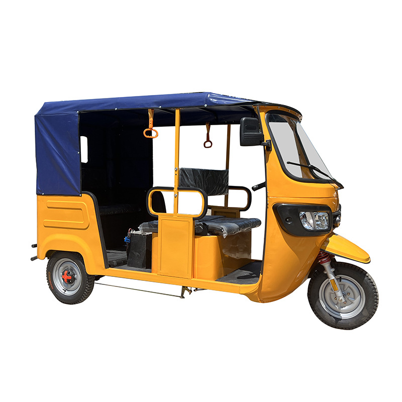 Triciclo eléctrico de pasajeros con parasol y toldo para el transporte de pasajeros, apto para exportación y uso comercial, a batería, de tres ruedas parcialmente.