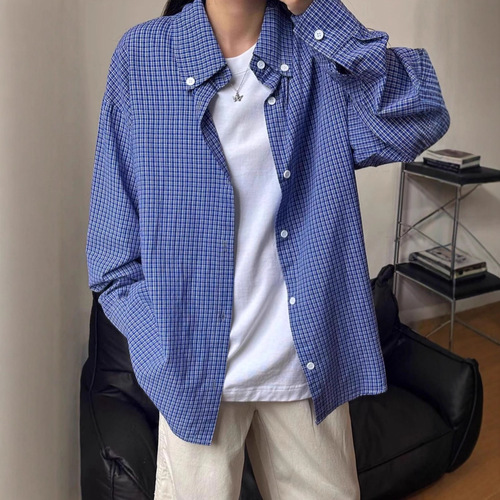 Women's Early Autumn Fashion College Style Loose Layering Base Coat Blue Grid Shirt Outerwear