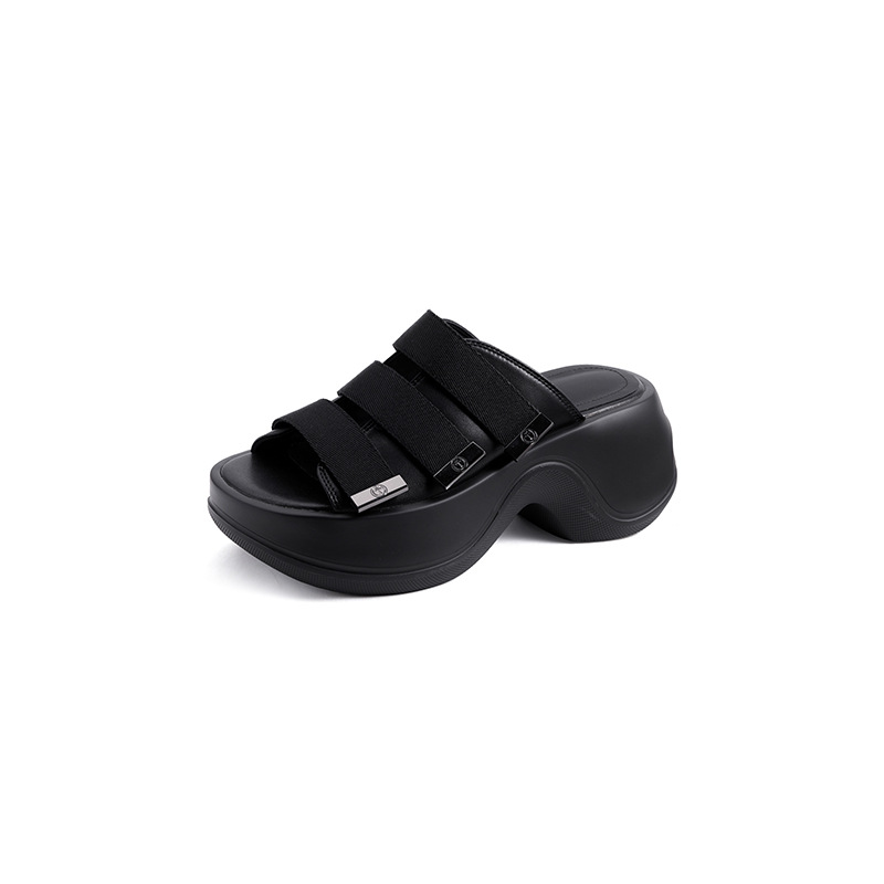 Dép sandal hở mũi nữ đế bệt 7cm tăng chiều cao quai ngang Velcro — đen, Màu trắng sữa