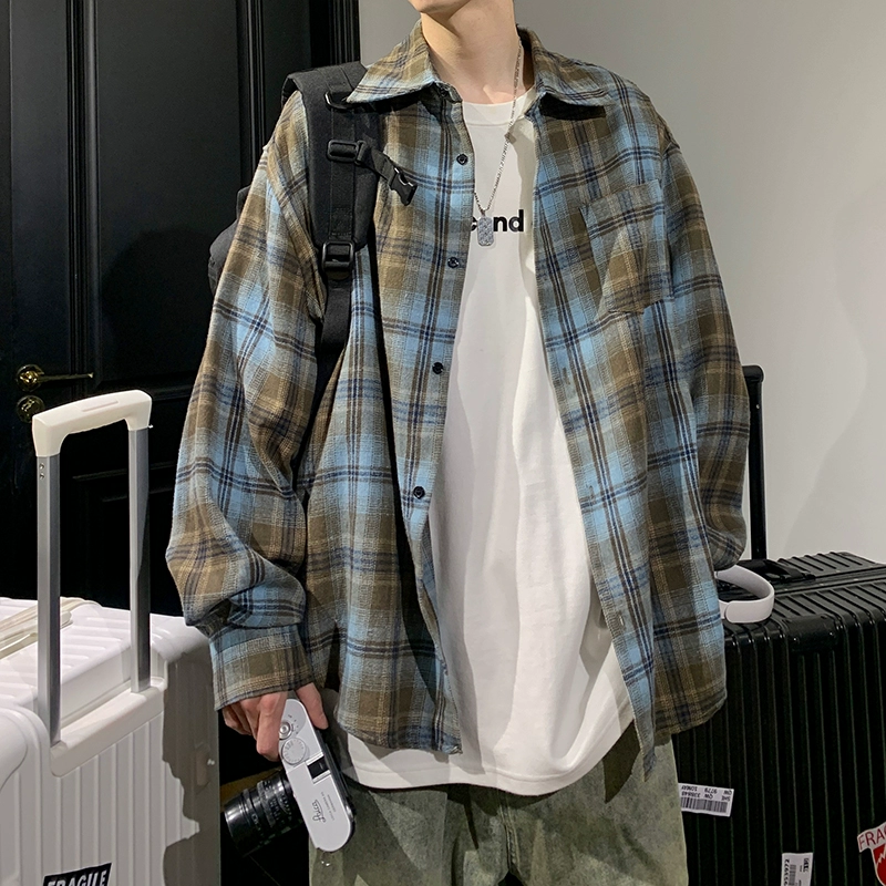 Ретро клетчатая рубашка мужская с длинным рукавом весна-осень стильная свободная рубашка американский кэжуал молодежная куртка дропшиппинг