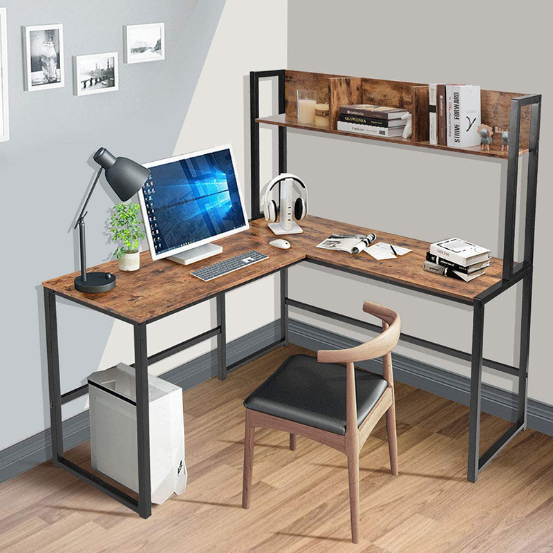 Corner Desk L-Shaped Corner Writing Desk Steel Wood Bookshelf Integrated Table Combination Small Apartment Computer Desk with Storage Rack