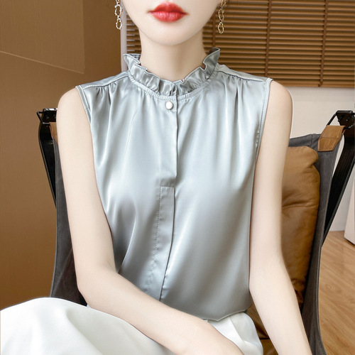 Women's silk chiffon mock neck camisole with mushroom edge, thin silk satin fabric, sleeveless blouse with floral edge for spring and summer.