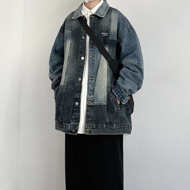 Denim Jacket Coat Men's Cowboy Shirt Couple's Spring and Autumn Hong Kong Style Retro Stitching French Niche High-end Style Clothes