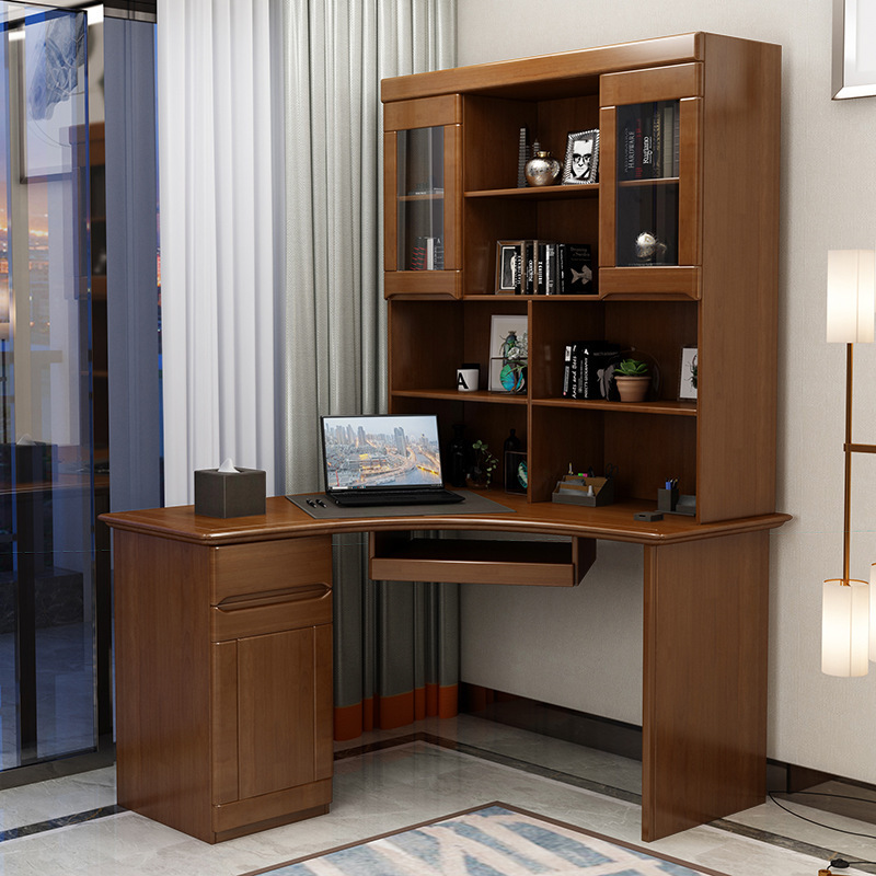 New Chinese style solid wood desk bookshelf combination home writing desk bookcase integrated corner desktop computer desk wholesale