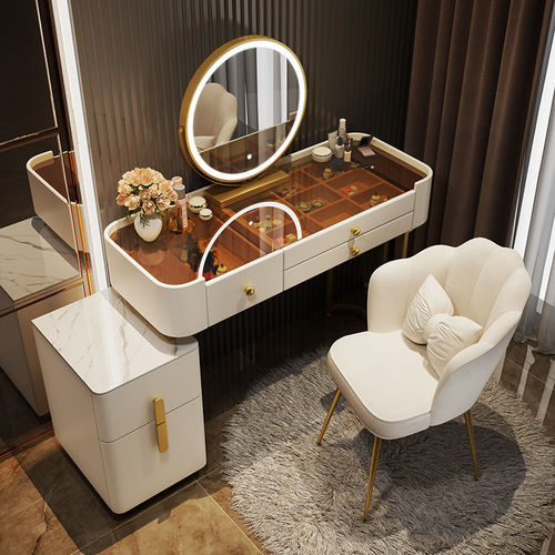 All Solid Wood Vanity with Luxury and High-End Storage Cabinet, Integrated Bedroom Modern Minimalist Marble and Glass Vanity Desk