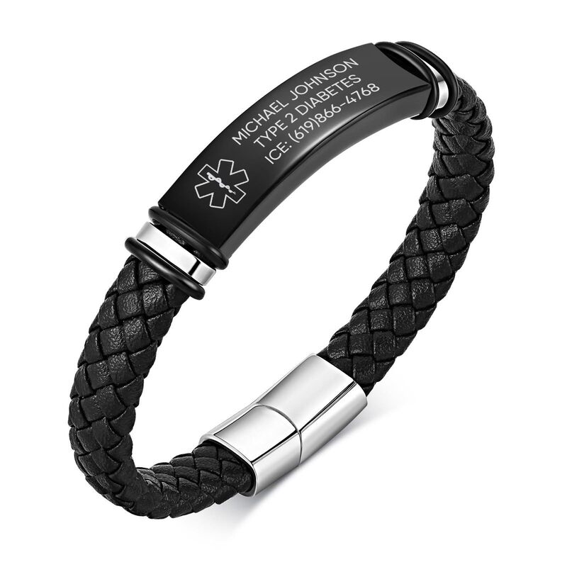 Men's leather bracelet with woven black leather cord, stainless steel bent tube magnetic clasp, black bent tube leather bracelet Men's leather bracelet with woven black leather cord, stainless steel bent tube magnetic clasp, black bent tube leather bracelet