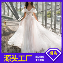 2024春新款大码结婚纱礼服修身显瘦双肩齐地胖子蕾丝花朵一字肩女