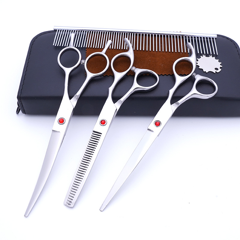 Fabricante de juegos de tijeras para mascotas, tijeras de peluquería canina al por mayor de 7 pulgadas, suministros morados para perros.