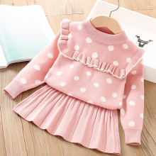 女童毛衣套装2022冬季新款洋气宝宝圆点花边时髦针织儿童韩系套裙