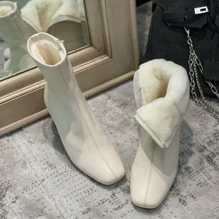 强推！巨舒服！韩国白色中跟马丁靴女冬加绒粗跟瘦瘦靴短靴女