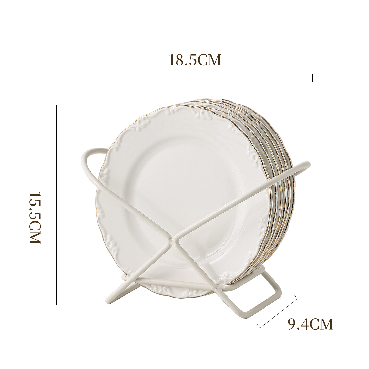 Conjunto de platos de porcelana blanca en relieve francés de Phnom Penh, platos de postres caseros de 6 pulgadas, platos de bocadillos de lujo ligeros con rack de almacenamiento