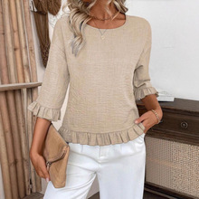 亚马逊外贸独立站跨境2025女式圆领纯色宽松版衬衫七分袖都市风