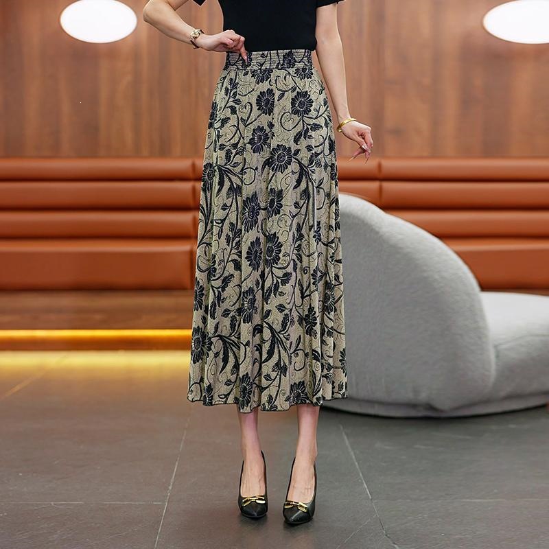 Women's floral print midi skirt, high-waisted, printed