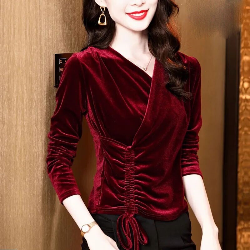 Velvet T-Shirt Women's Top V-Neck Lace Base Shirt Inner Layer 2025 Spring and Autumn New Stylish Blouse
