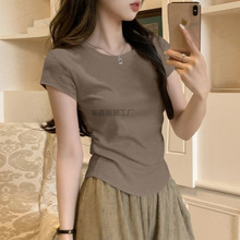 Rj3单/两件u型下摆女装T恤螺纹新款不规则上衣夏季高档休闲修身短