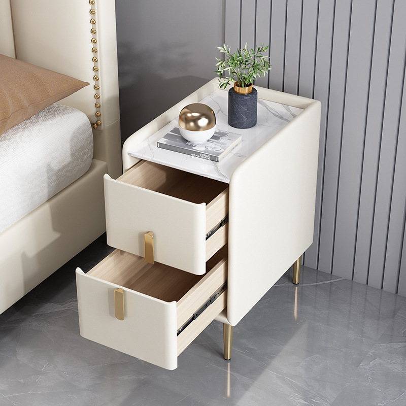 Modern minimalist light luxury solid wood white bed-side cabinet for complete bedroom small apartment quartz stone leather bed-side cabinet