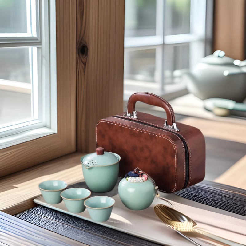 汝窑旅行茶具便携式一壶三杯快客杯户外功夫茶具活动赠品伴手礼