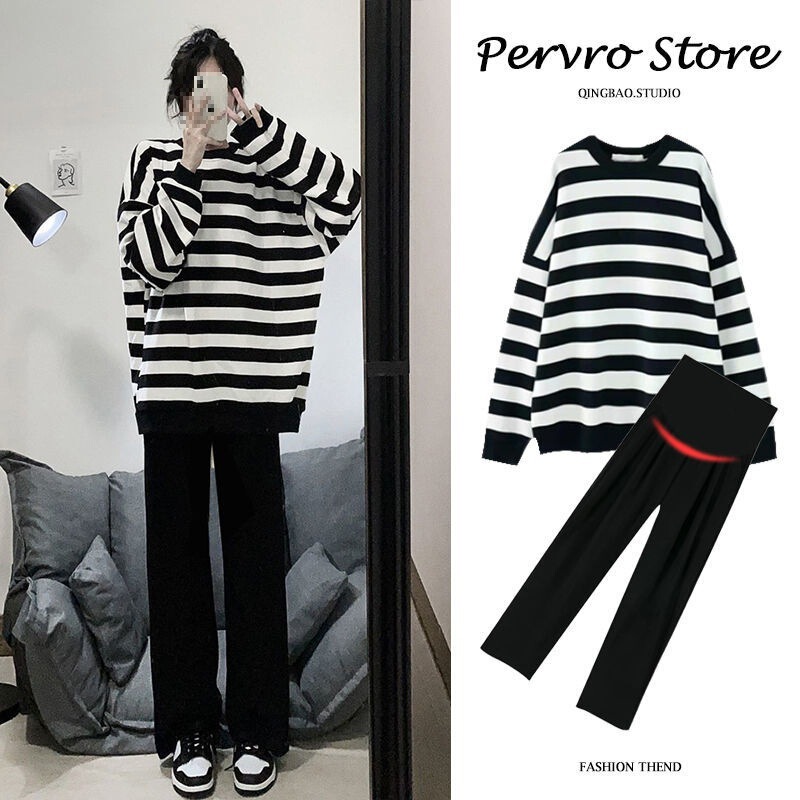 Maternity Sweatshirt Influencer Two-Piece Set Mid-Length Maternity Autumn Outfit Top Fashion Loose Striped Cover-Up