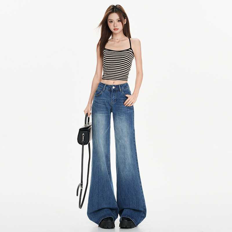 Wholesale Dropshipping Heavy-Duty Bamboo Texture Super Retro Blue American-Style Low-Rise Wide-Leg Flared Jeans with a Good Fit