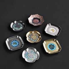 創意復古日式家用功夫茶道配件隔熱防滑合金銅碟杯托景泰藍茶杯墊