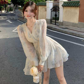 Y9Zv领碎花连衣裙女夏季收腰薄款雪纺气质短裙小个子显瘦长袖a字