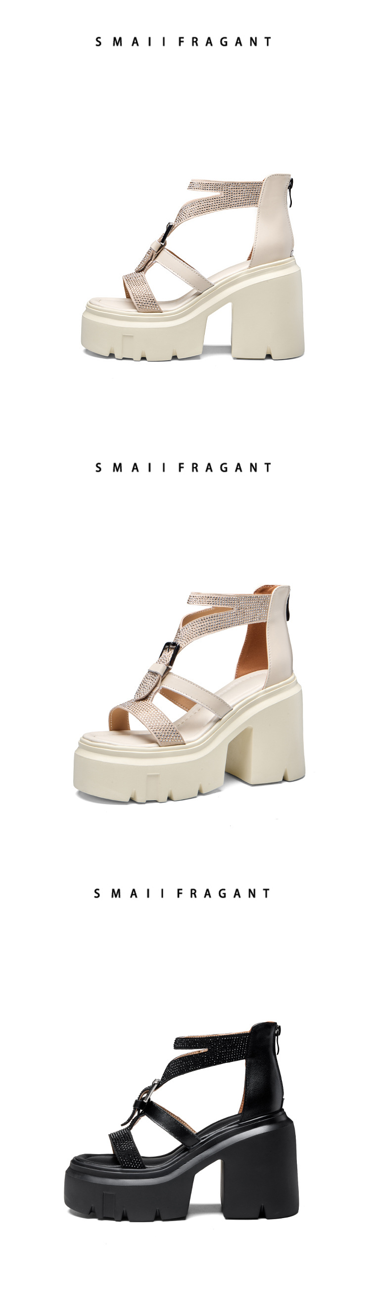 Giày sandal cao gót nữ đính đá gót 12 cm đế xuồng phong cách La Mã — màu đen chi tiết 8