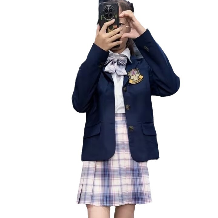원래 JK 유니폼 스커트 세트 재킷 봄과 가을 대학 스타일 캠퍼스 세트 세트 여성용 3 피스 세트 착용