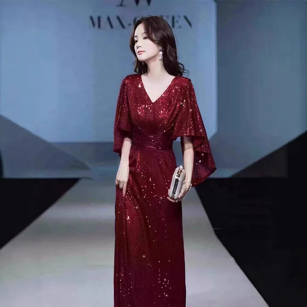 plus size Toast Dress Bride's Wedding Flesh Covering Slimming Red Evening Dress for Banquet Performance Host Dress for Annual Meeting Female